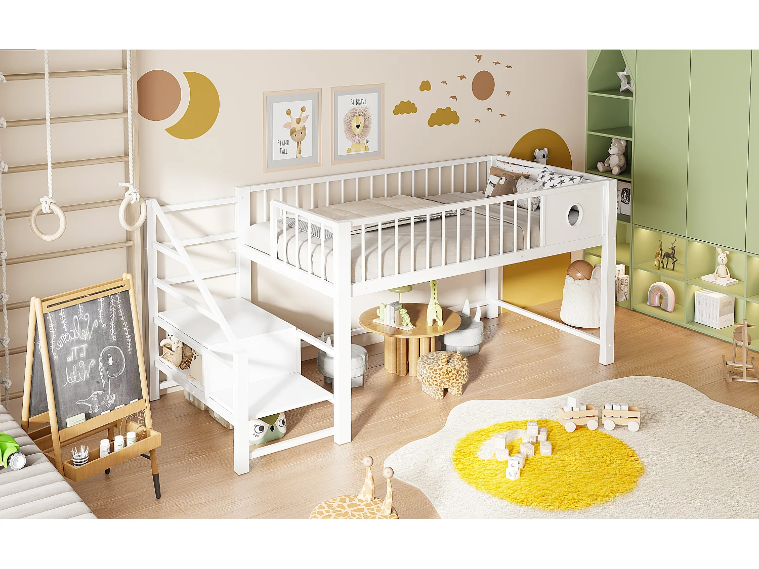Lit mezzanine bas pour enfant - 90 x 200 cm - avec échelle de rangement - structure métallique - blanc