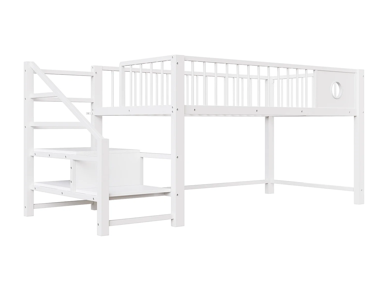 Lit mezzanine bas pour enfant - 90 x 200 cm - avec échelle de rangement - structure métallique - blanc
