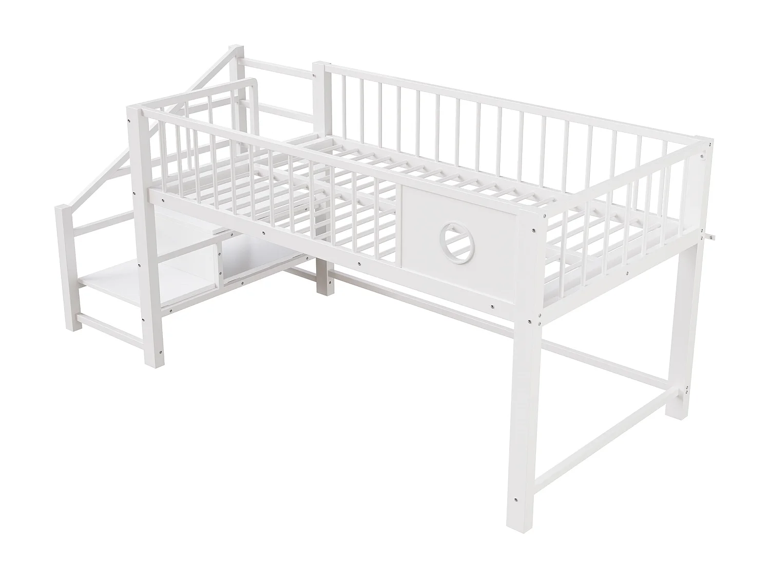 Lit mezzanine bas pour enfant - 90 x 200 cm - avec échelle de rangement - structure métallique - blanc