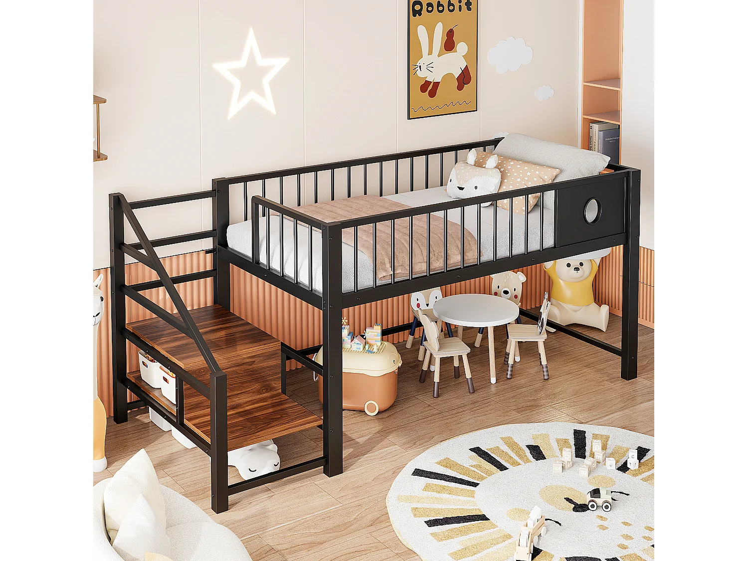 Lit mezzanine bas pour enfant - 90 x 200 cm - avec échelle de rangement - structure métallique - noir