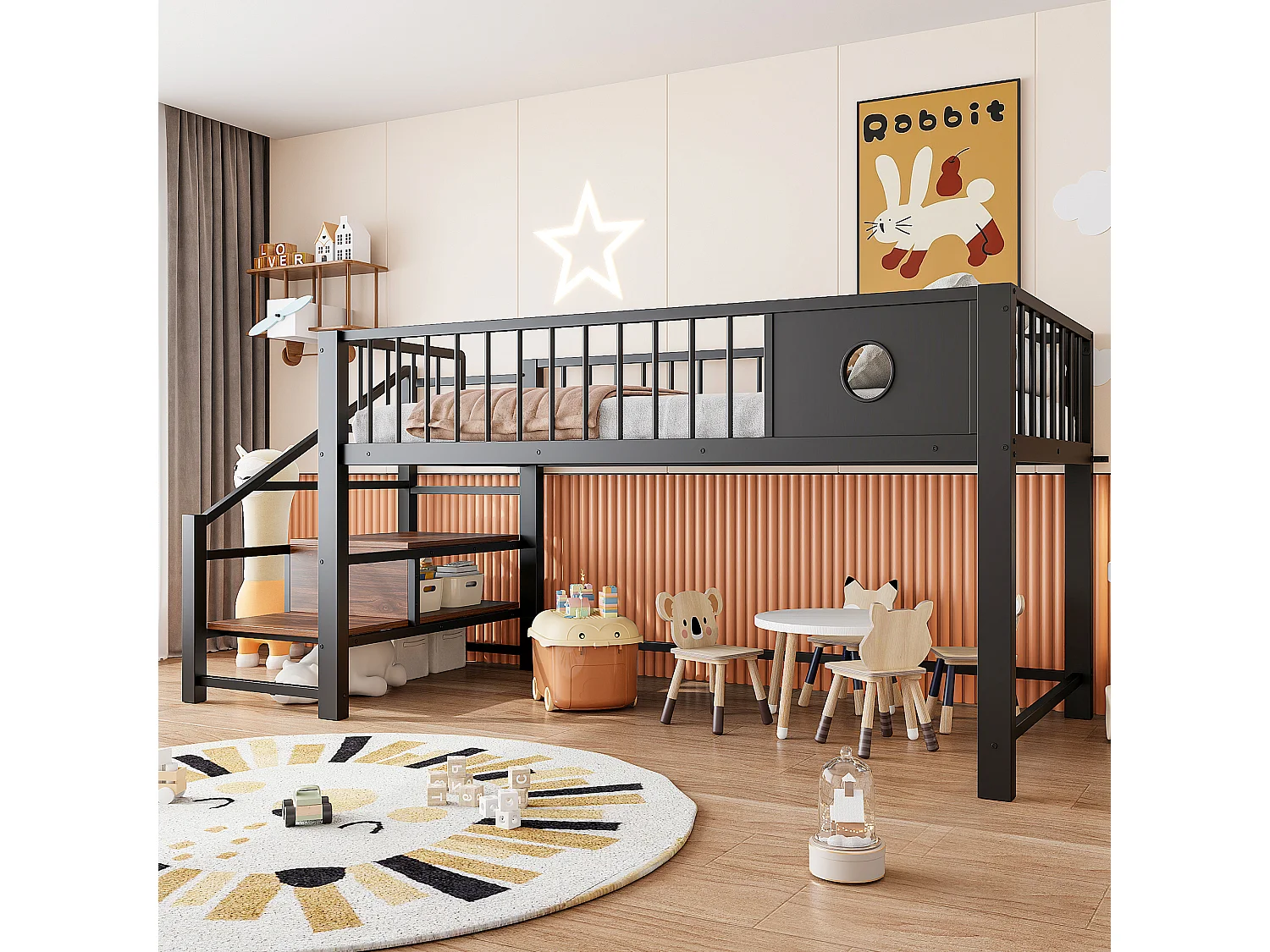 Lit mezzanine bas pour enfant - 90 x 200 cm - avec échelle de rangement - structure métallique - noir