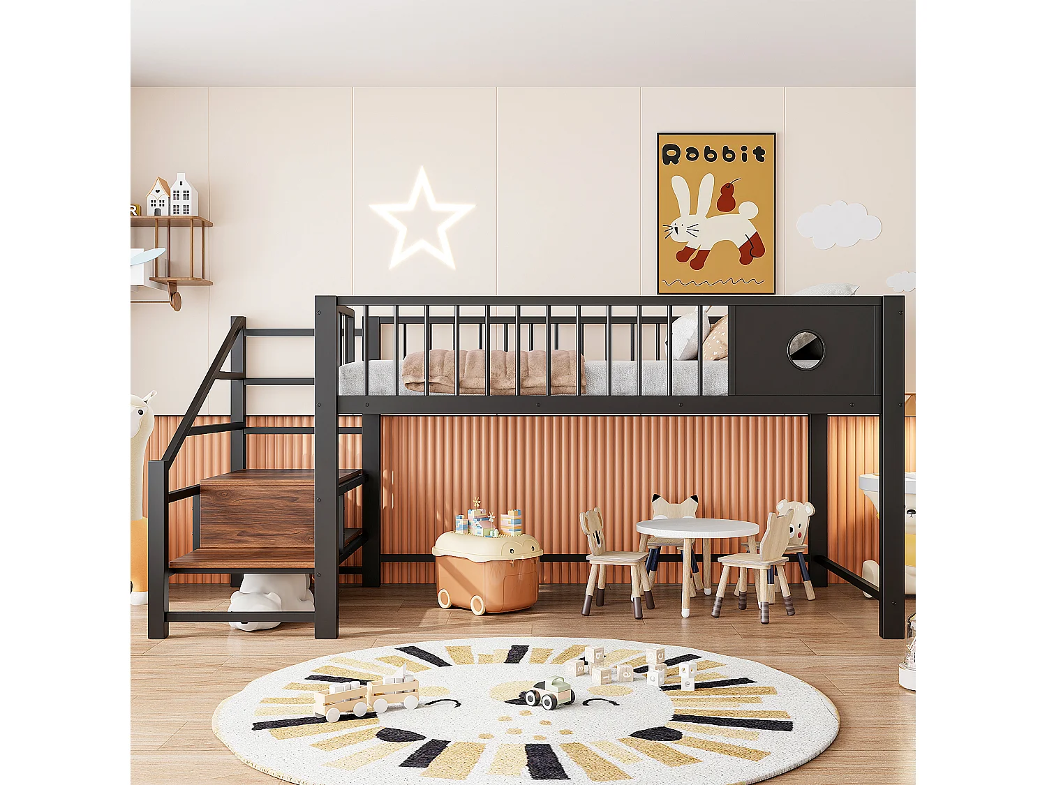 Lit mezzanine bas pour enfant - 90 x 200 cm - avec échelle de rangement - structure métallique - noir
