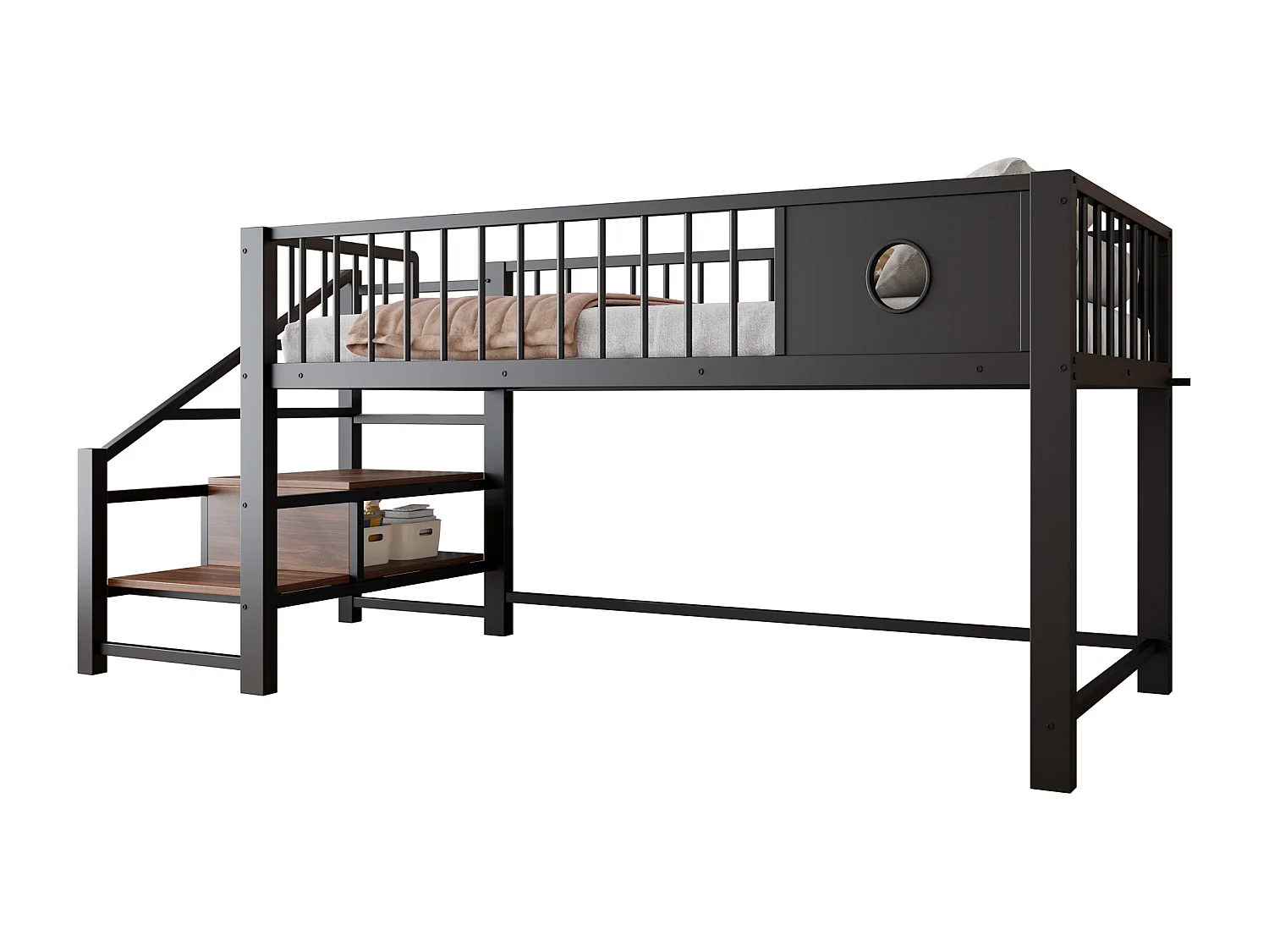 Lit mezzanine bas pour enfant - 90 x 200 cm - avec échelle de rangement - structure métallique - noir