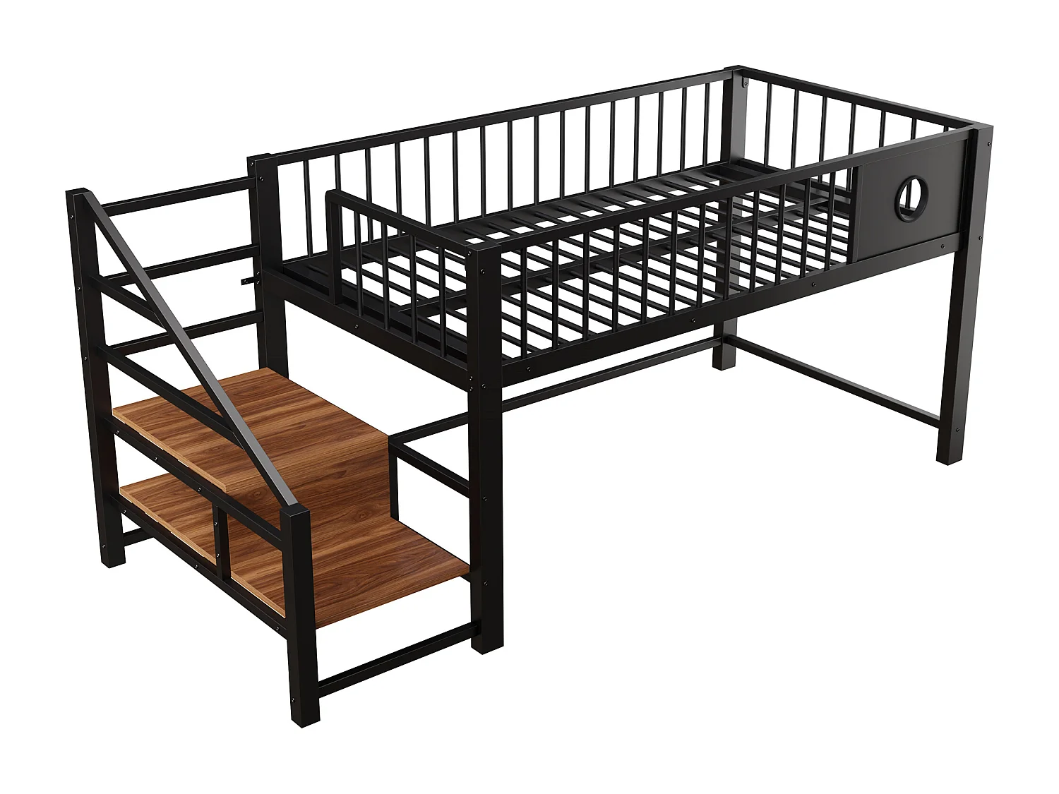 Lit mezzanine bas pour enfant - 90 x 200 cm - avec échelle de rangement - structure métallique - noir