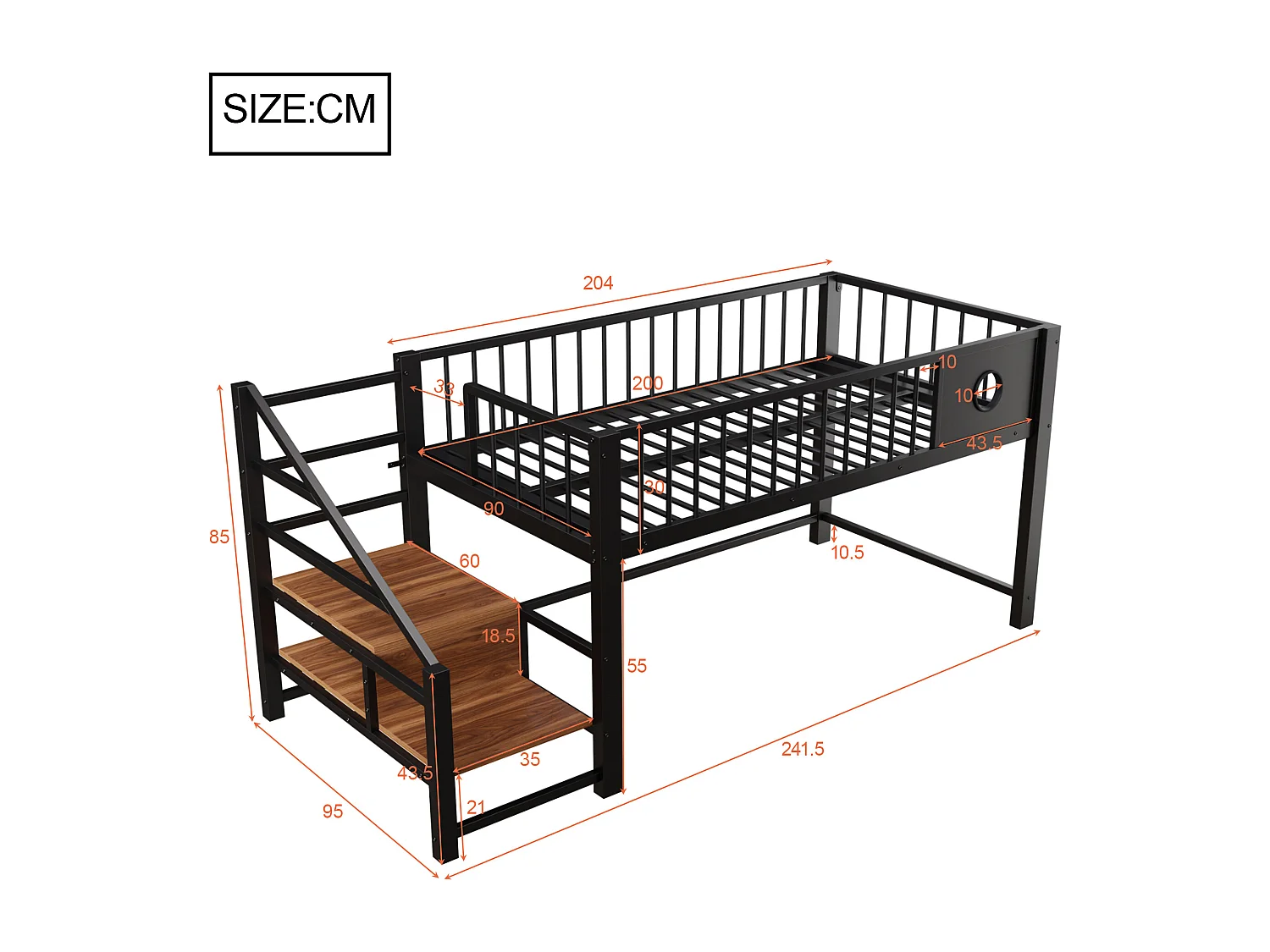 Lit mezzanine bas pour enfant - 90 x 200 cm - avec échelle de rangement - structure métallique - noir