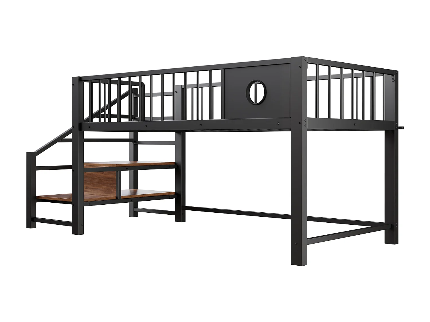 Lit mezzanine bas pour enfant - 90 x 200 cm - avec échelle de rangement - structure métallique - noir