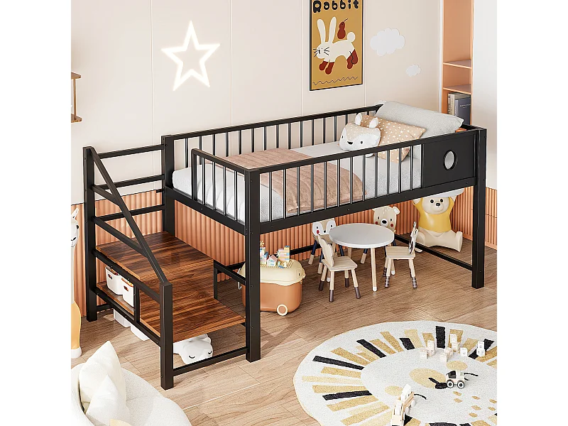 Lit mezzanine bas pour enfant - 90 x 200 cm - avec échelle de rangement - structure métallique - noir