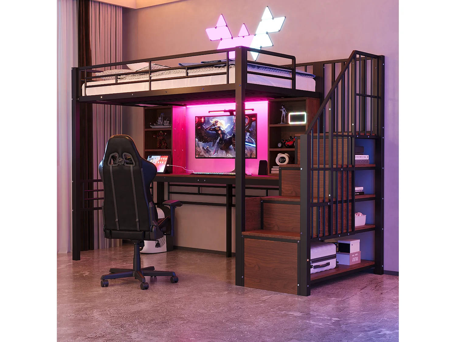 Lit mezzanine en métal pour enfant - 90 x 200 cm - avec échelle de rangement + étagères + table + Leds - noir