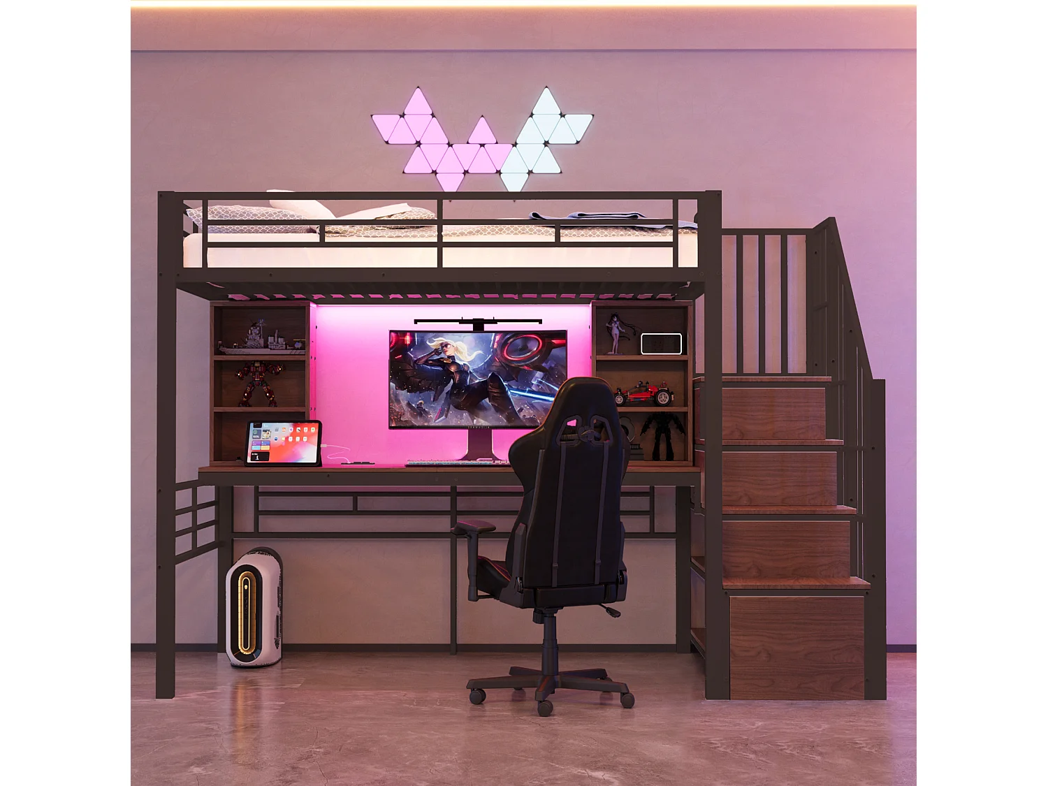 Lit mezzanine en métal pour enfant - 90 x 200 cm - avec échelle de rangement + étagères + table + Leds - noir