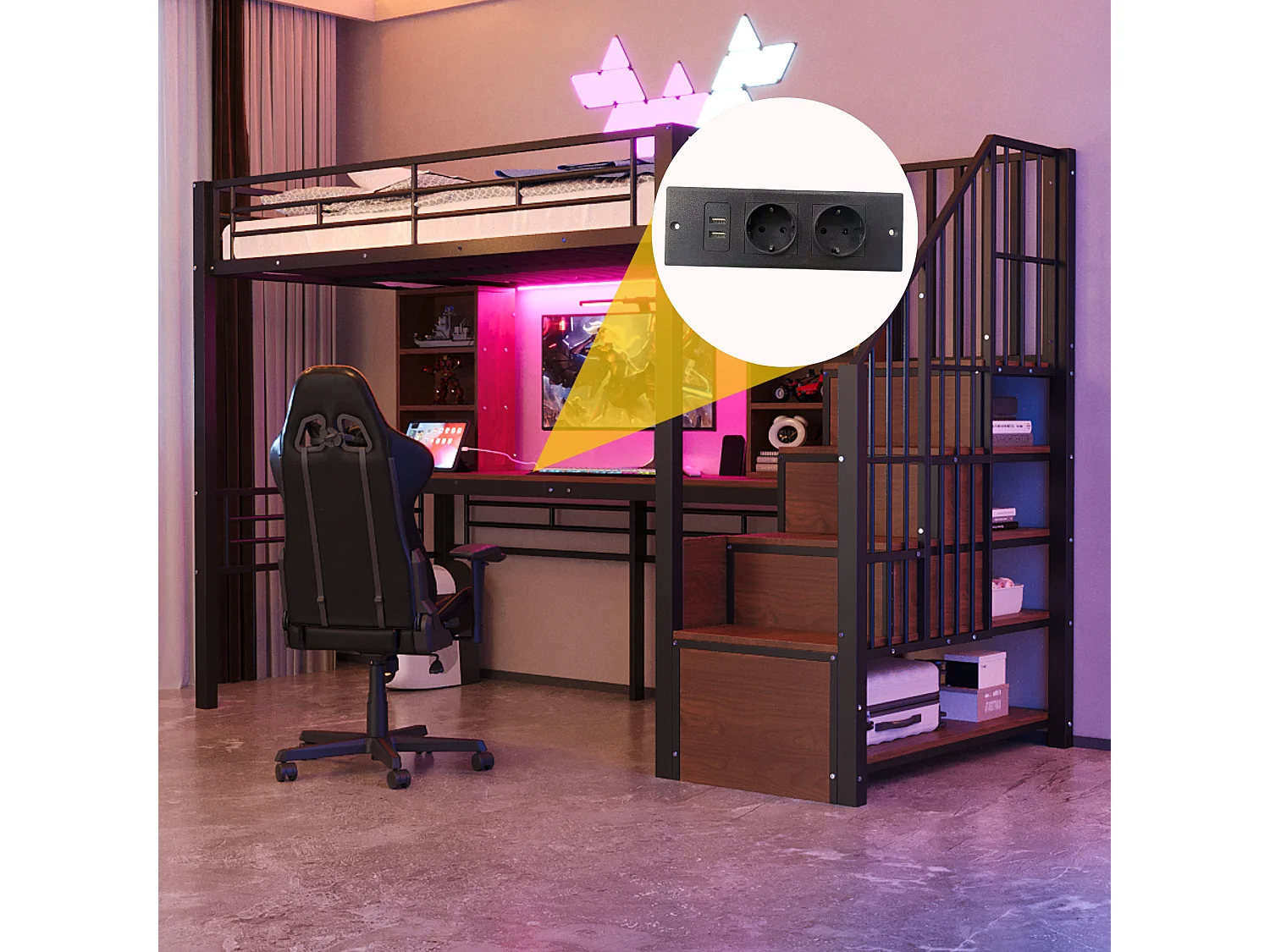 Lit mezzanine en métal pour enfant - 90 x 200 cm - avec échelle de rangement + étagères + table + Leds - noir