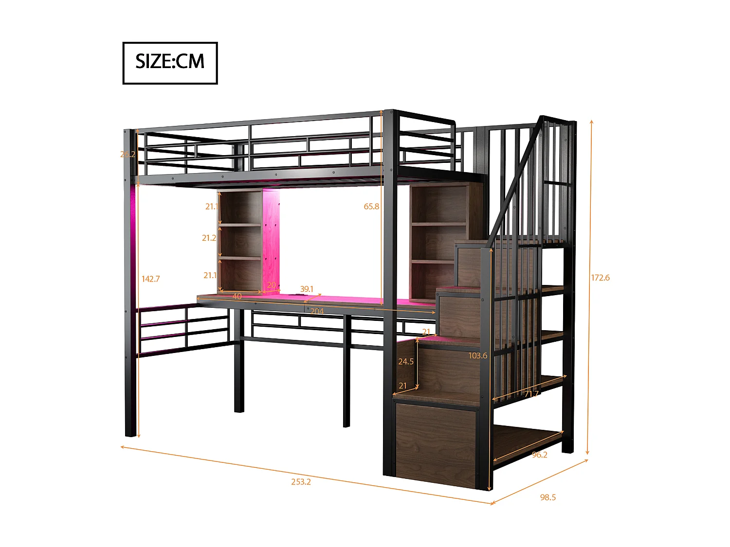 Lit mezzanine en métal pour enfant - 90 x 200 cm - avec échelle de rangement + étagères + table + Leds - noir