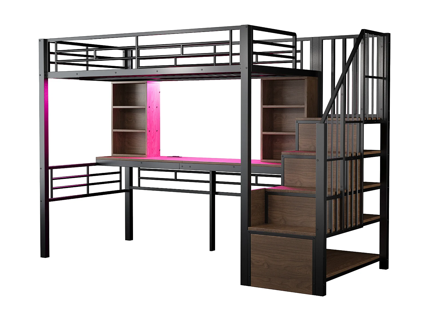 Lit mezzanine en métal pour enfant - 90 x 200 cm - avec échelle de rangement + étagères + table + Leds - noir