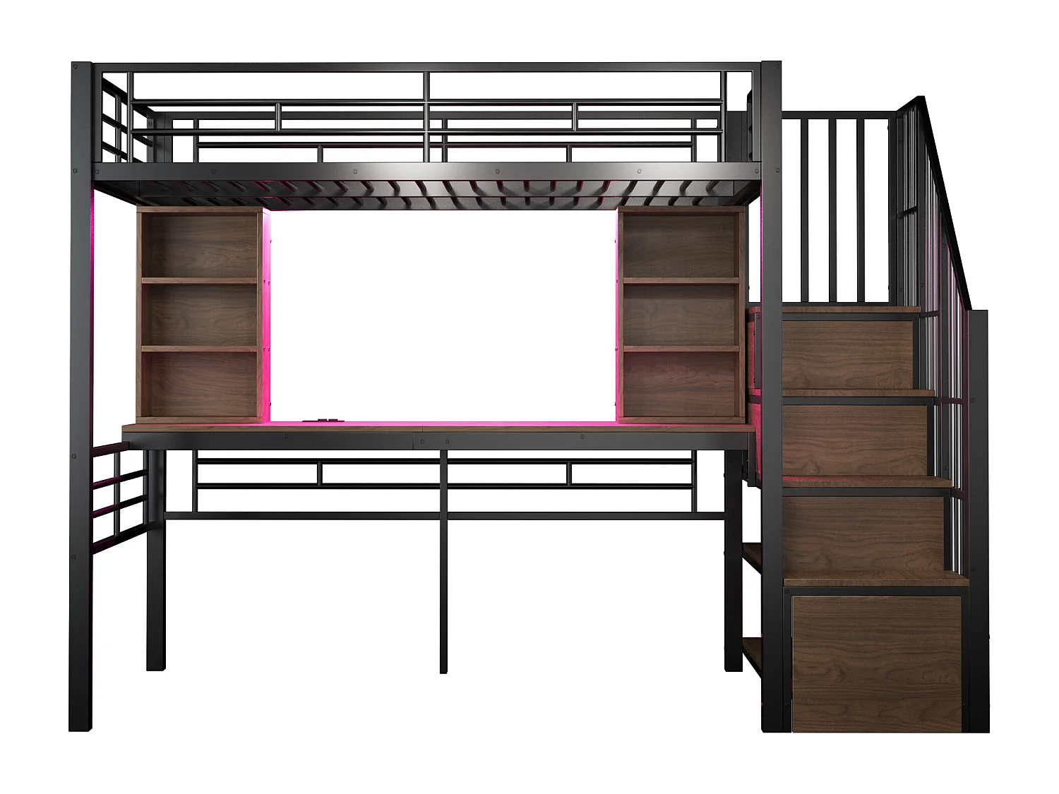 Lit mezzanine en métal pour enfant - 90 x 200 cm - avec échelle de rangement + étagères + table + Leds - noir