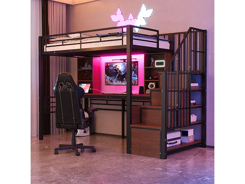 Lit mezzanine en métal pour enfant - 90 x 200 cm - avec échelle de rangement + étagères + table + Leds - noir