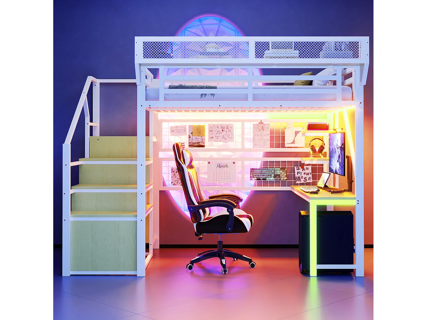 Lit mezzanine en métal - 140 x 200 cm - avec bureau + étagère et filet de rangement + échelle de rangement + Leds + prise - blanc