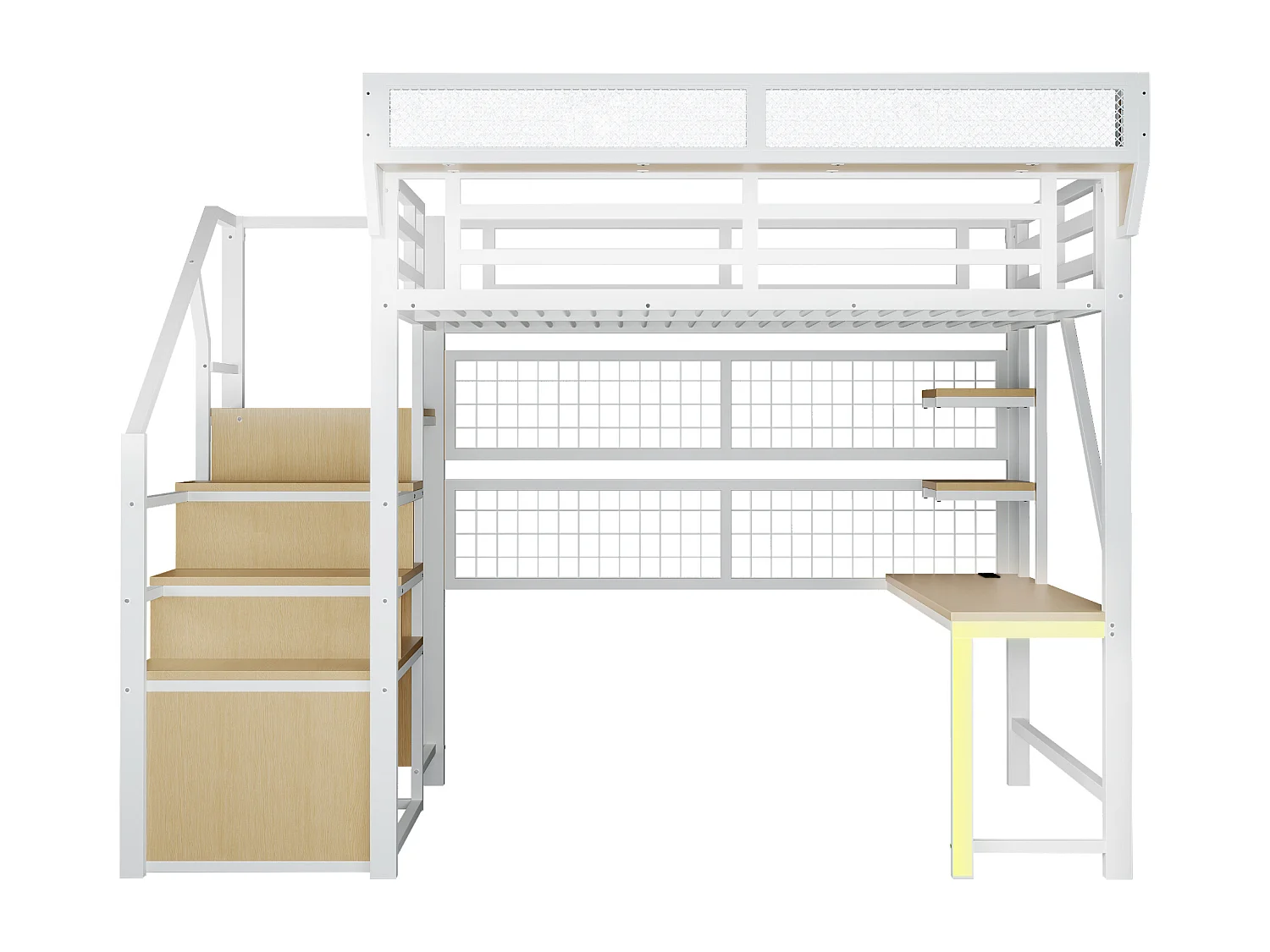 Lit mezzanine en métal - 140 x 200 cm - avec bureau + étagère et filet de rangement + échelle de rangement + Leds + prise - blanc