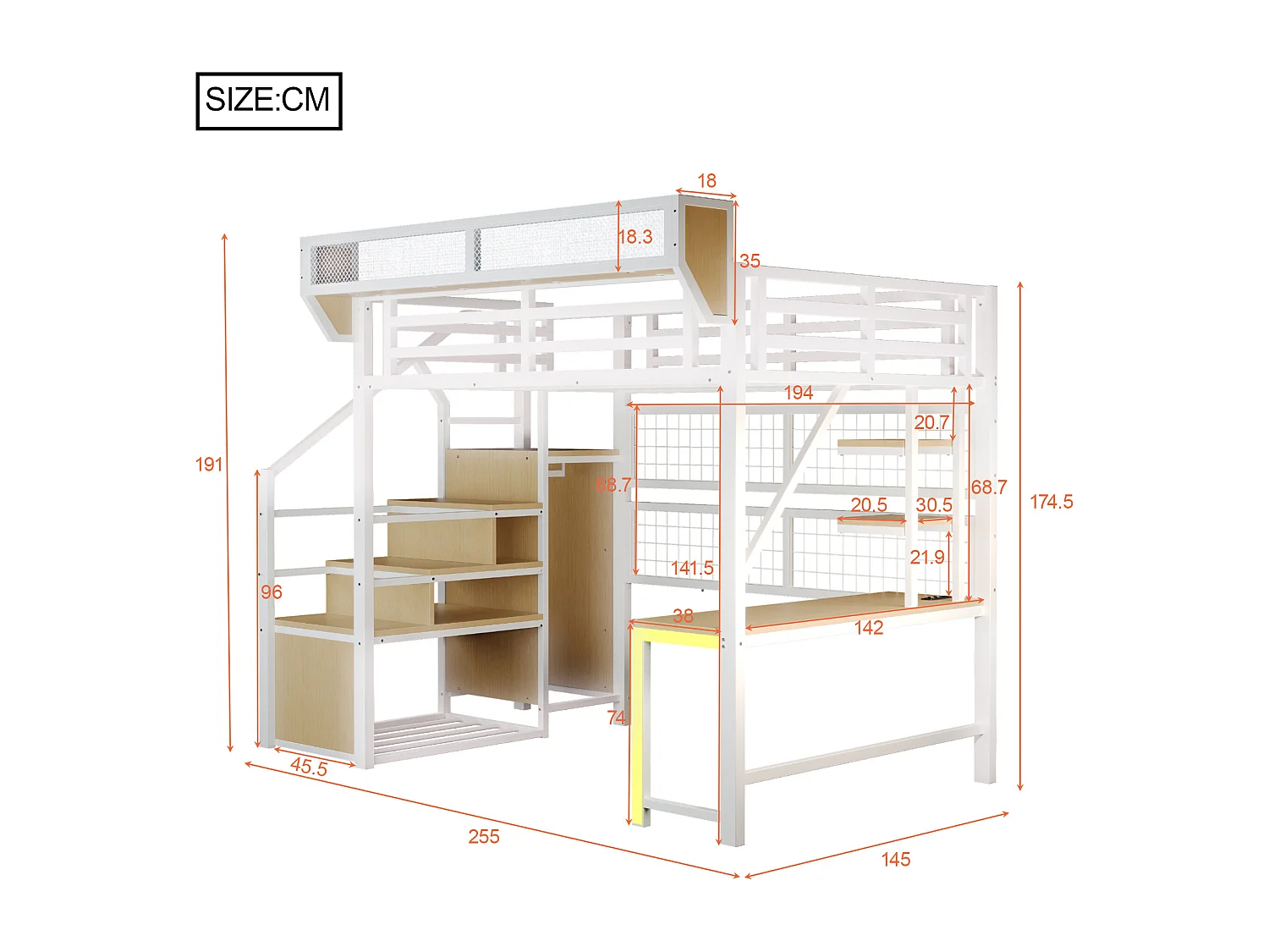 Lit mezzanine en métal - 140 x 200 cm - avec bureau + étagère et filet de rangement + échelle de rangement + Leds + prise - blanc