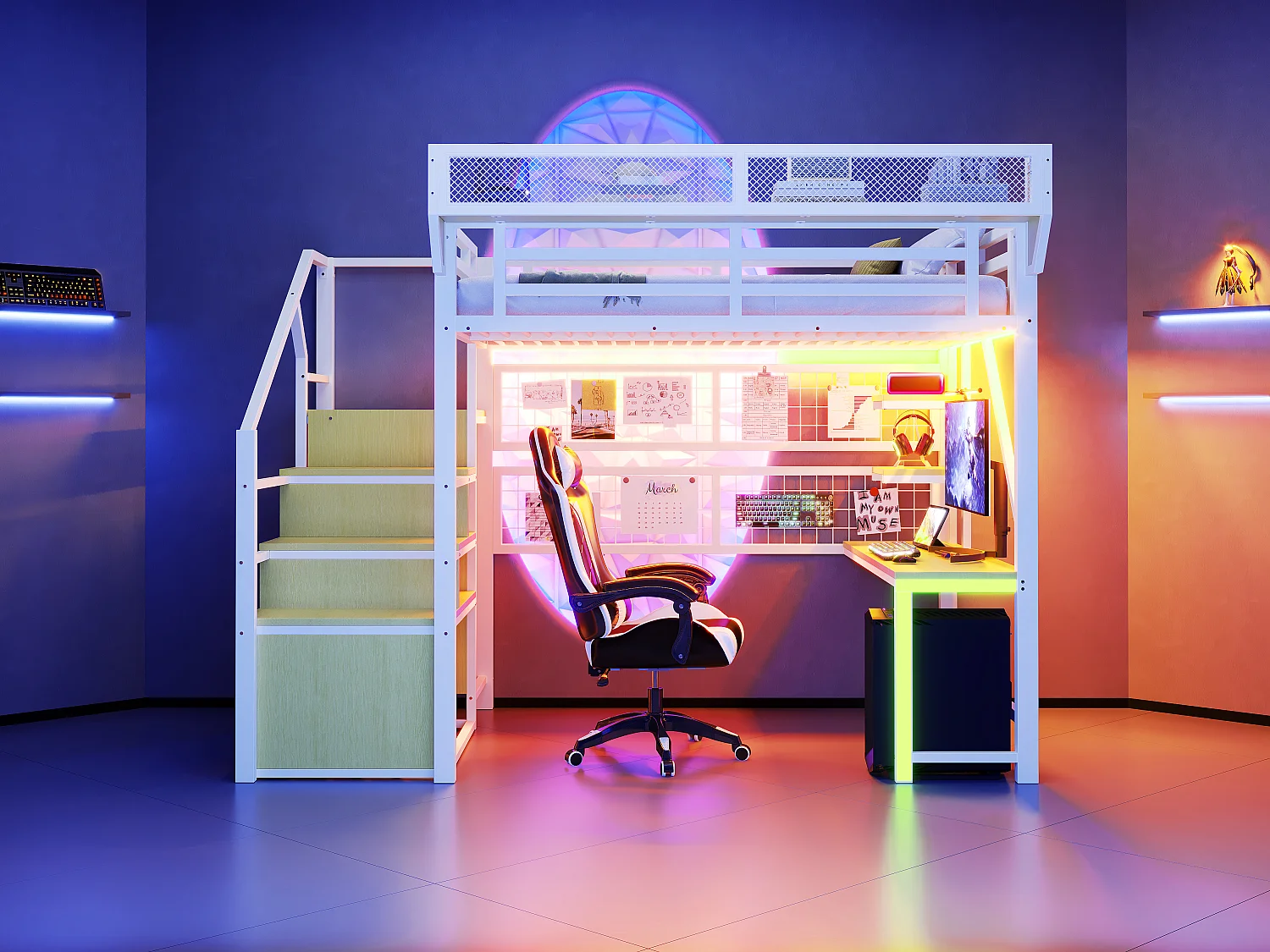 Lit mezzanine en métal - 140 x 200 cm - avec bureau + étagère et filet de rangement + échelle de rangement + Leds + prise - blanc