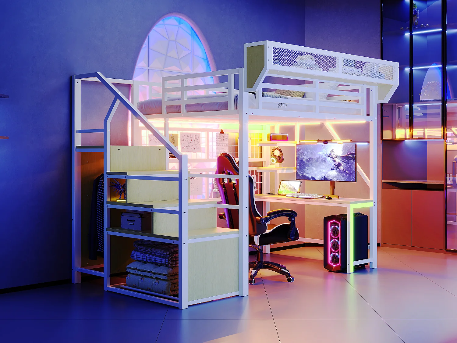 Lit mezzanine en métal - 140 x 200 cm - avec bureau + étagère et filet de rangement + échelle de rangement + Leds + prise - blanc