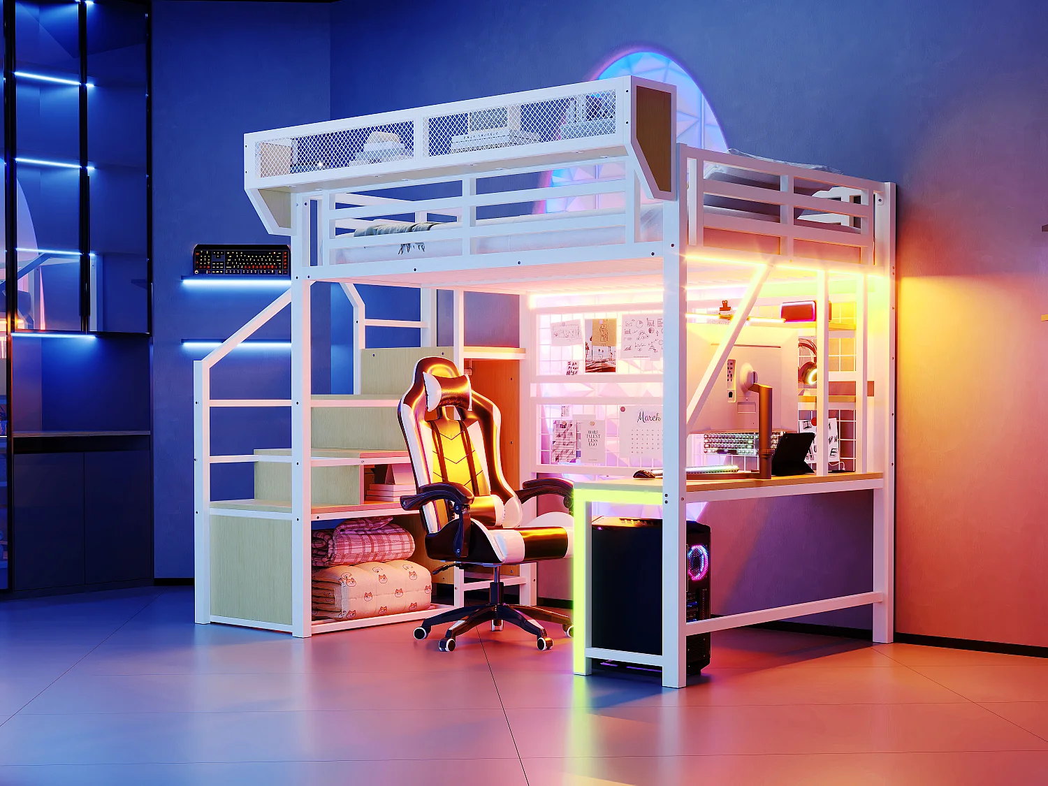 Lit mezzanine en métal - 140 x 200 cm - avec bureau + étagère et filet de rangement + échelle de rangement + Leds + prise - blanc