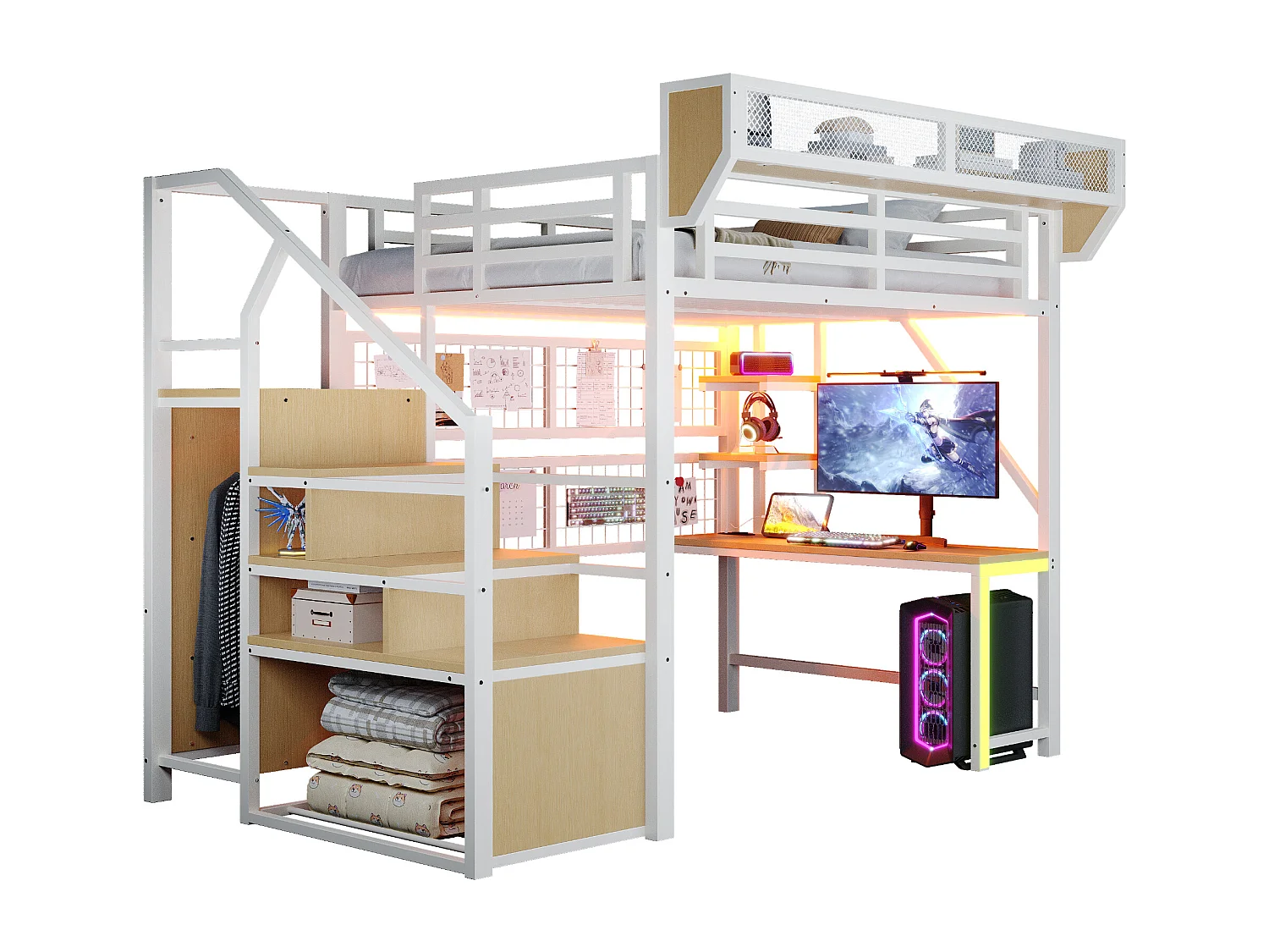 Lit mezzanine en métal - 140 x 200 cm - avec bureau + étagère et filet de rangement + échelle de rangement + Leds + prise - blanc