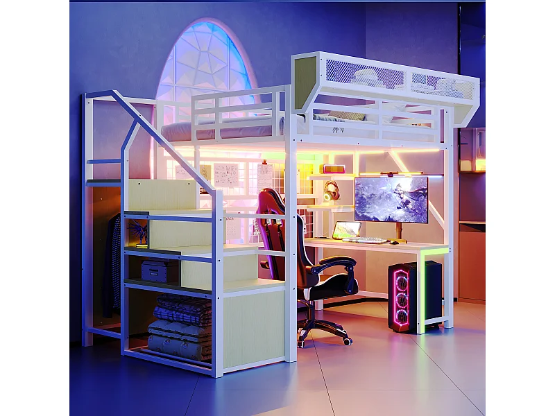 Lit mezzanine en métal - 140 x 200 cm - avec bureau + étagère et filet de rangement + échelle de rangement + Leds + prise - blanc