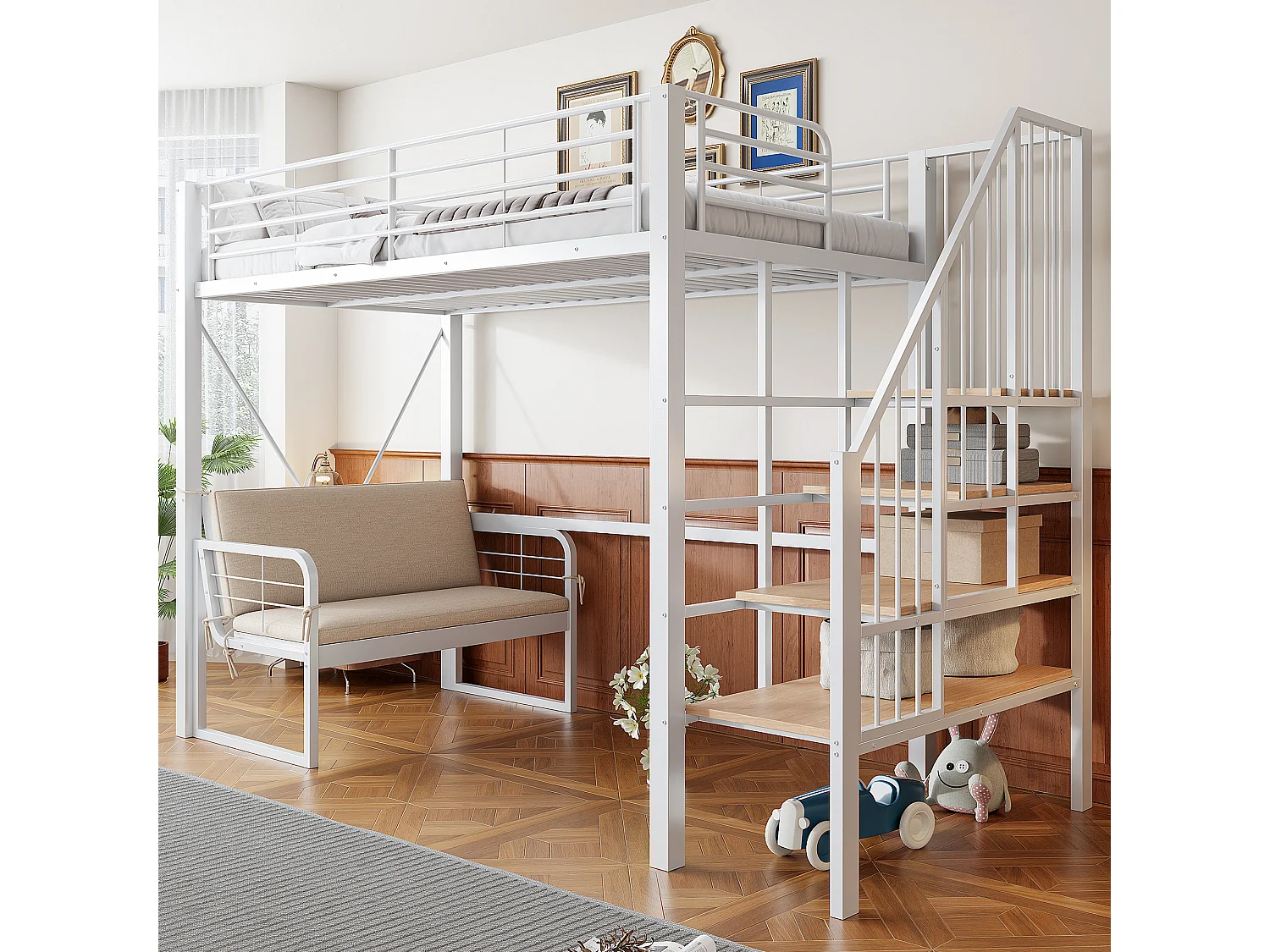 Hochbett für Kinder – 90 x 200 cm – mit abnehmbarem Sofa und Leiter mit Stauraum – Metallrahmen – weiß