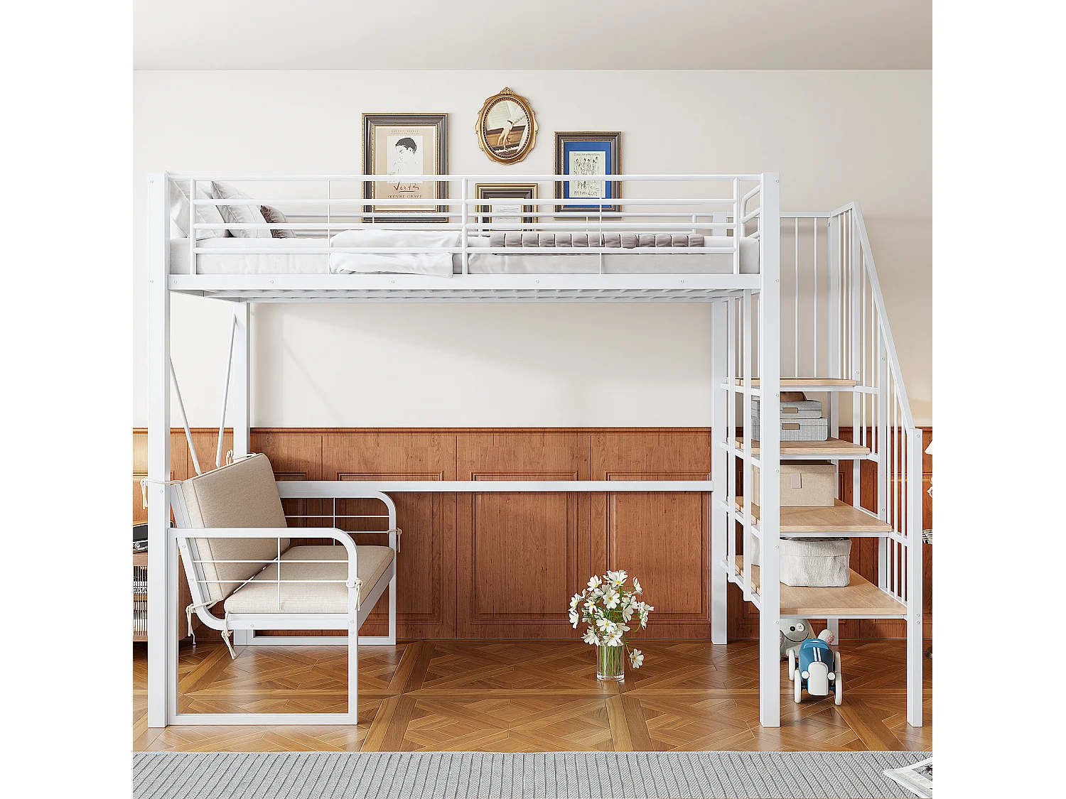 Hochbett für Kinder – 90 x 200 cm – mit abnehmbarem Sofa und Leiter mit Stauraum – Metallrahmen – weiß