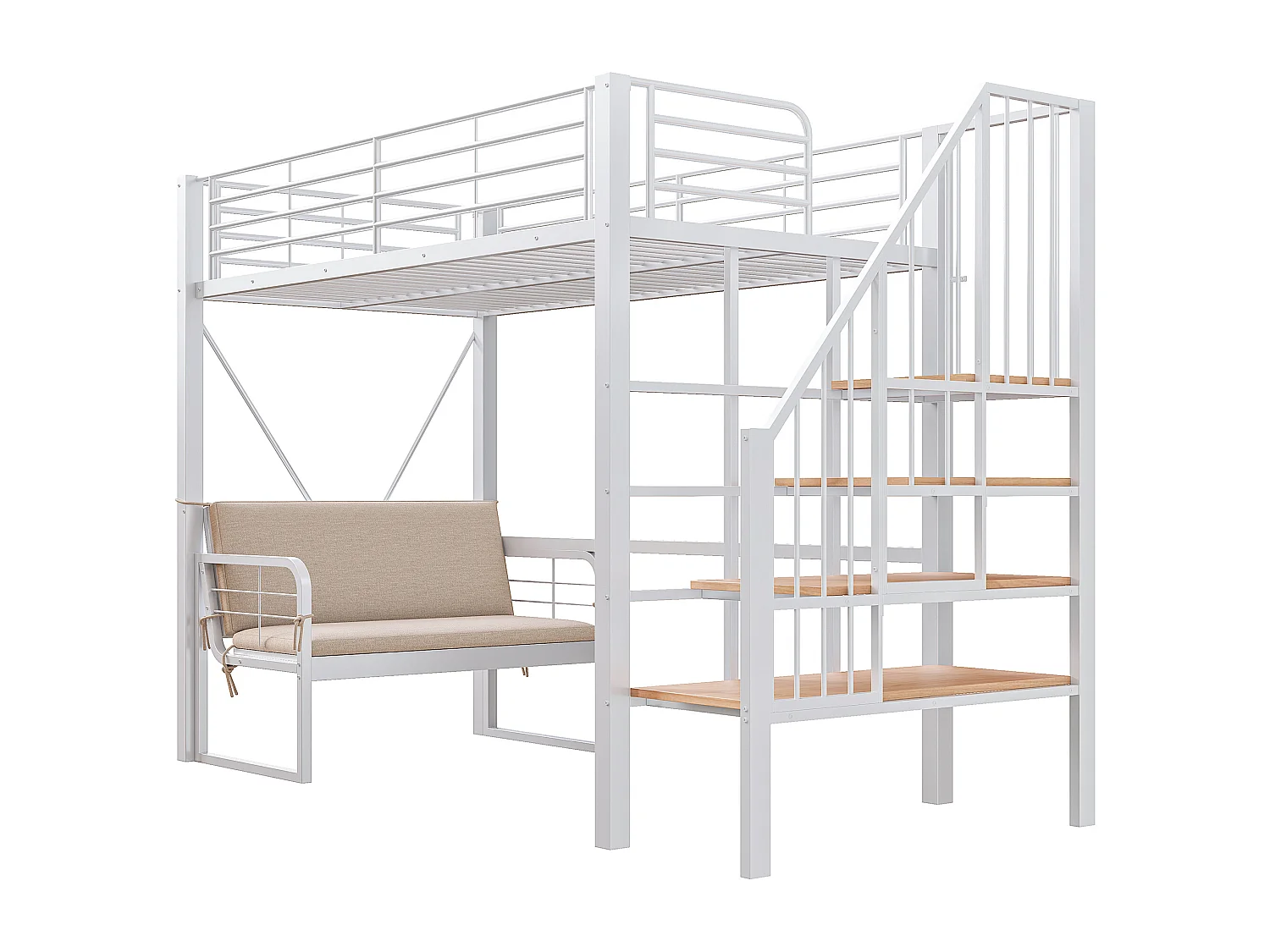 Hochbett für Kinder – 90 x 200 cm – mit abnehmbarem Sofa und Leiter mit Stauraum – Metallrahmen – weiß