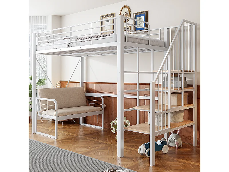 Lit mezzanine pour enfant - 90 x 200 cm - avec canapé amovible + eacalier de rangement - structure métallique - blanc