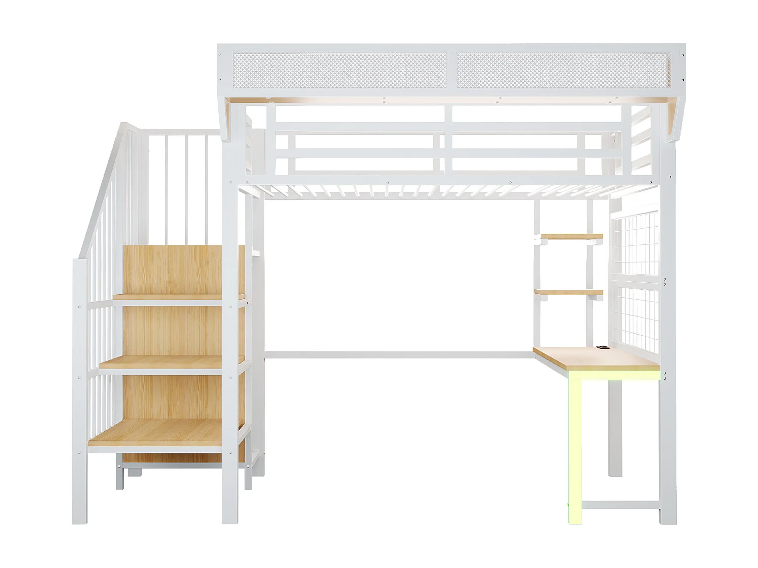 Lit mezzanine en métal - 90 x 200 cm - avec bureau + étagère et filet de rangement + échelle de rangement + Leds + prise - blanc