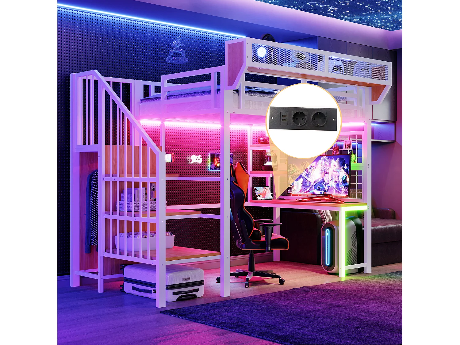 Lit mezzanine en métal - 90 x 200 cm - avec bureau + étagère et filet de rangement + échelle de rangement + Leds + prise - blanc