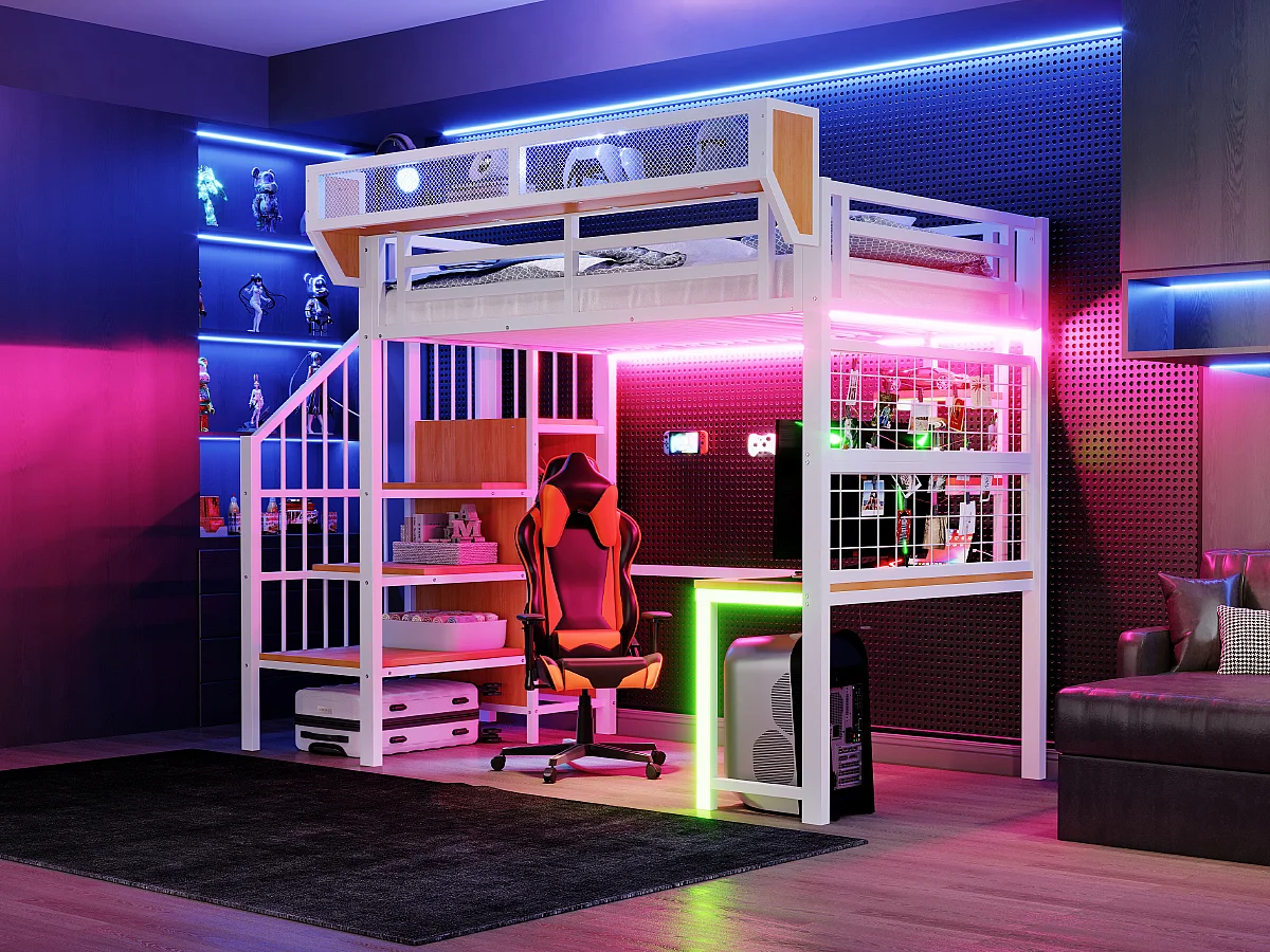 Lit mezzanine en métal - 90 x 200 cm - avec bureau + étagère et filet de rangement + échelle de rangement + Leds + prise - blanc