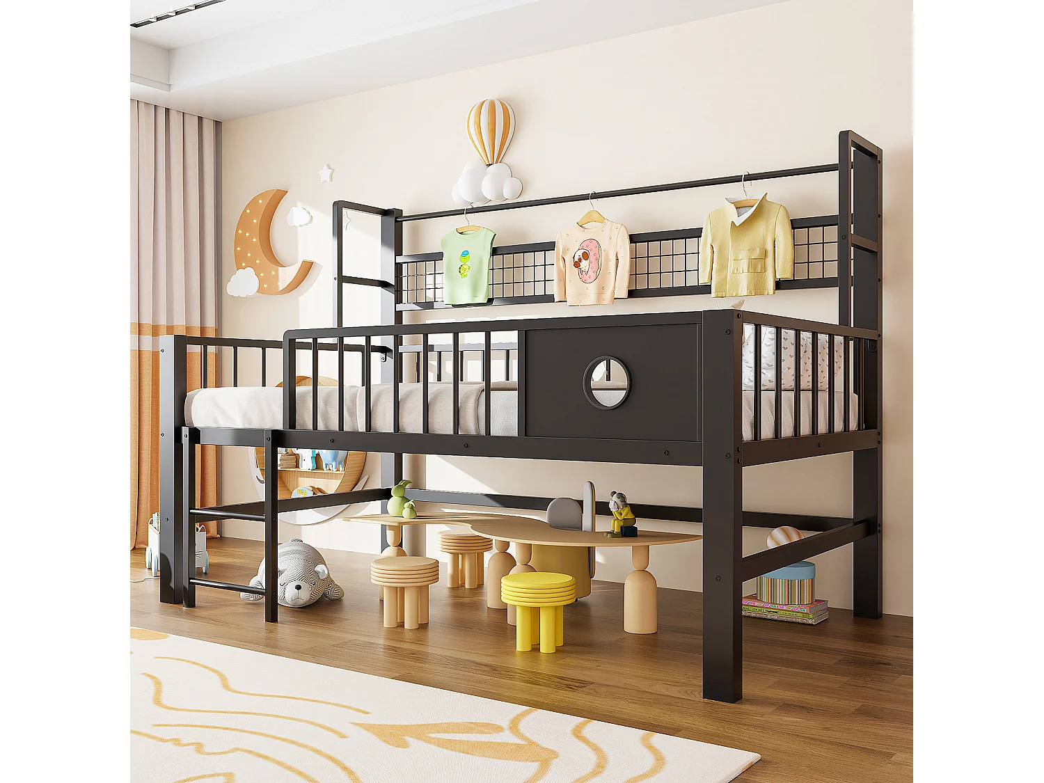 Lit mezzanine bas enfant - 90 x 200cm - avec cadre en métal et compartiments de rangement - noir