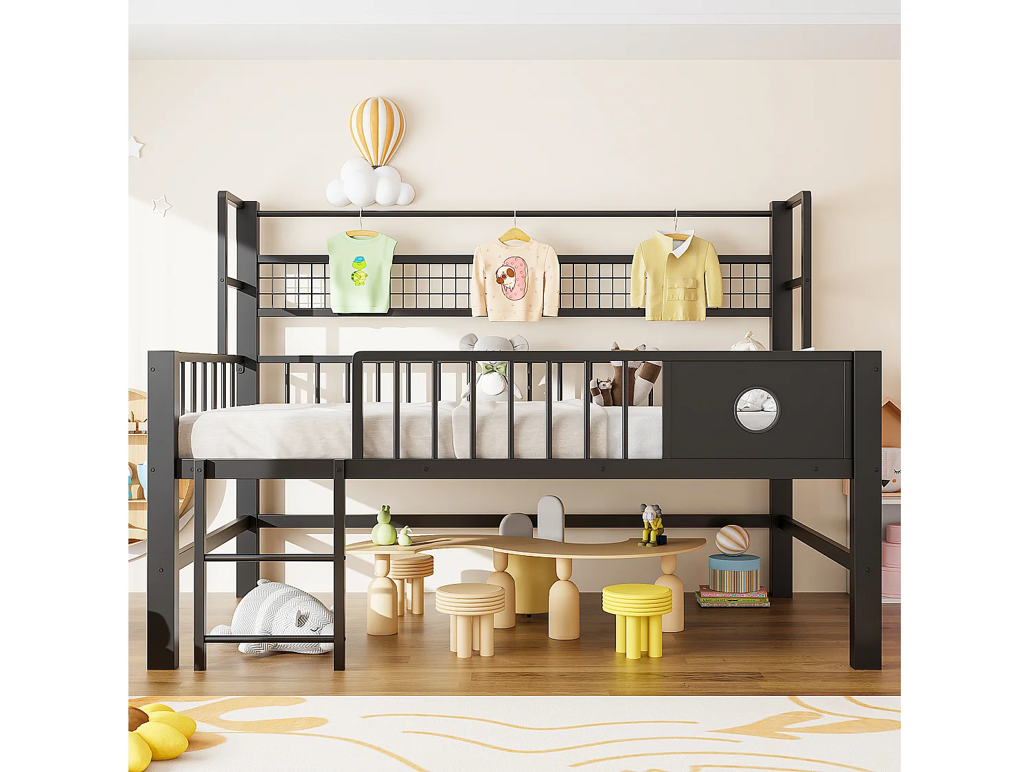 Lit mezzanine bas enfant - 90 x 200cm - avec cadre en métal et compartiments de rangement - noir