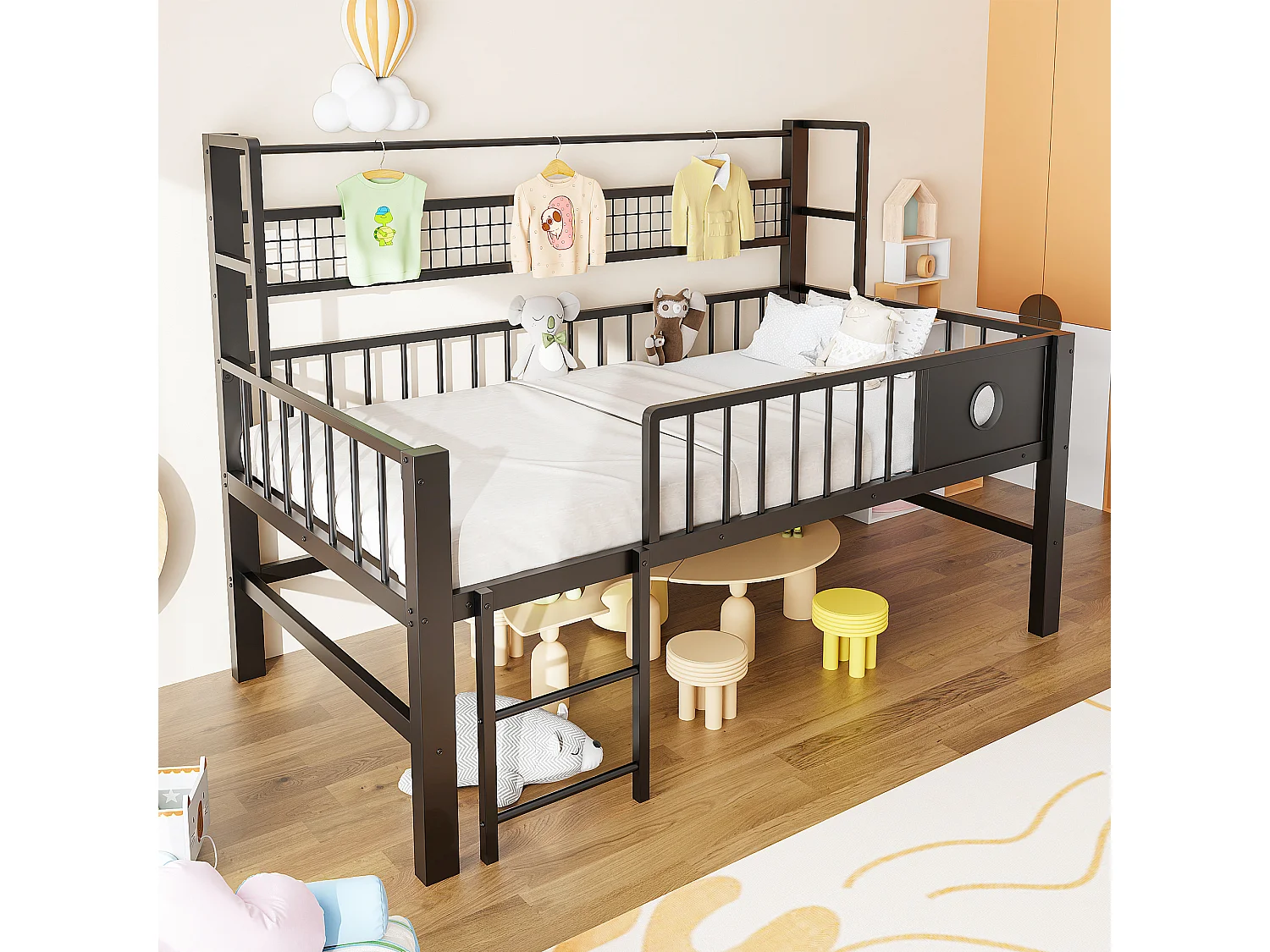 Lit mezzanine bas enfant - 90 x 200cm - avec cadre en métal et compartiments de rangement - noir