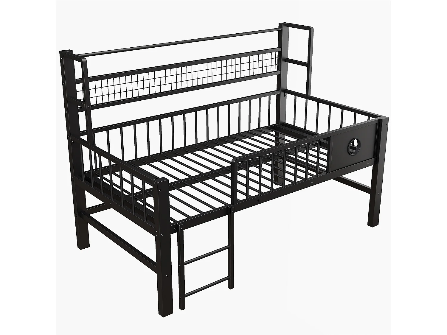Lit mezzanine bas enfant - 90 x 200cm - avec cadre en métal et compartiments de rangement - noir