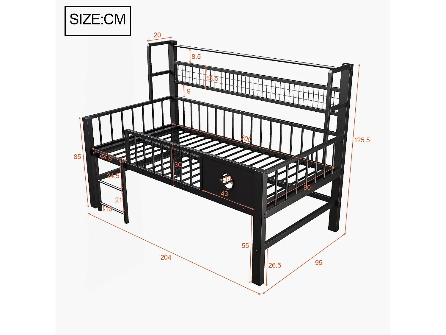 Lit mezzanine bas enfant - 90 x 200cm - avec cadre en métal et compartiments de rangement - noir