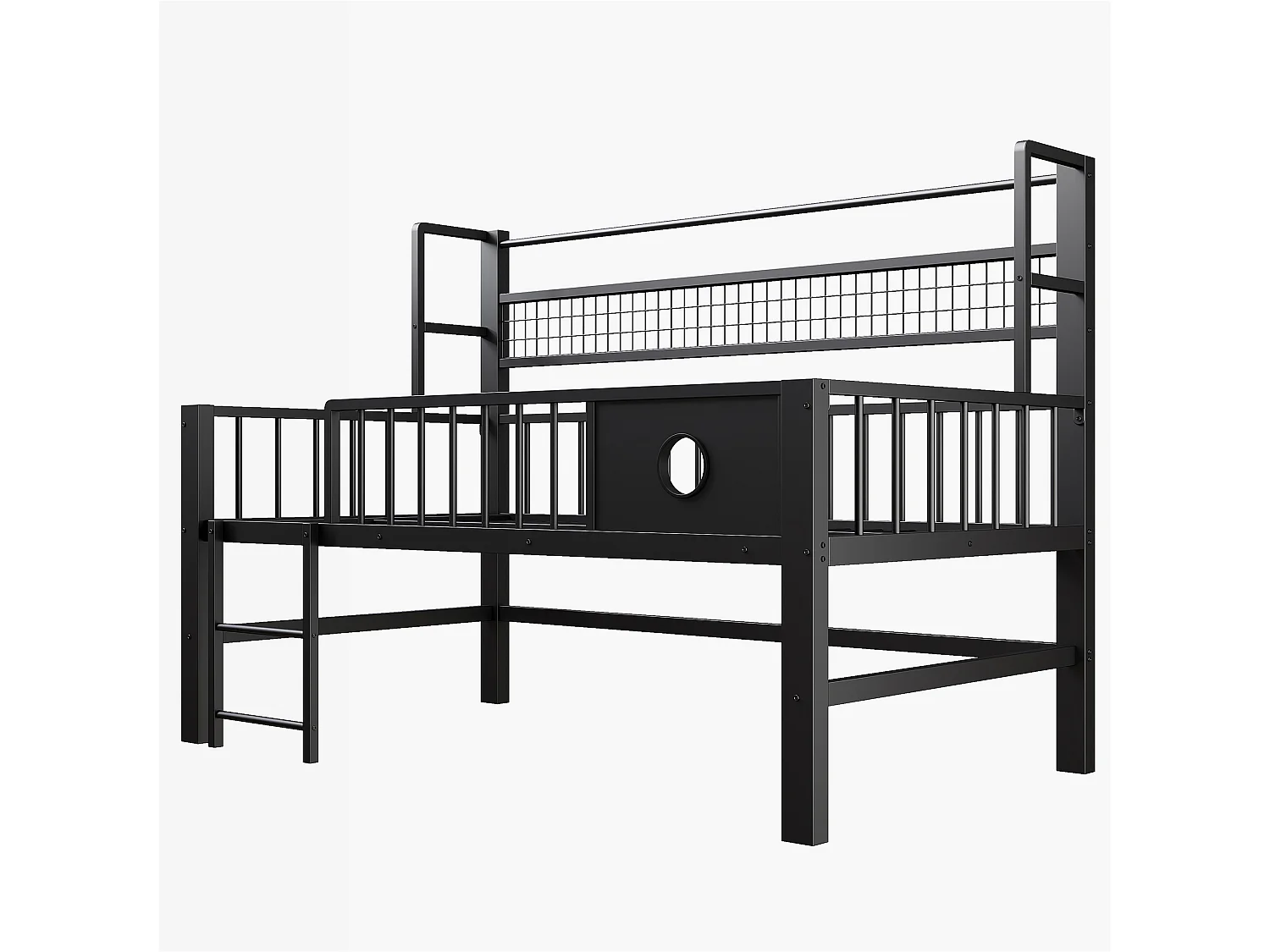 Lit mezzanine bas enfant - 90 x 200cm - avec cadre en métal et compartiments de rangement - noir