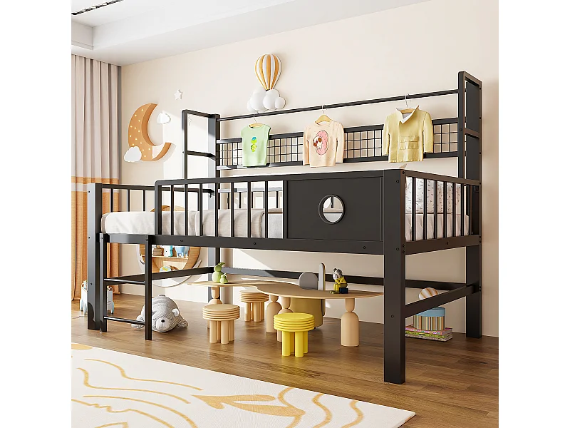 Lit mezzanine bas enfant - 90 x 200cm - avec cadre en métal et compartiments de rangement - noir