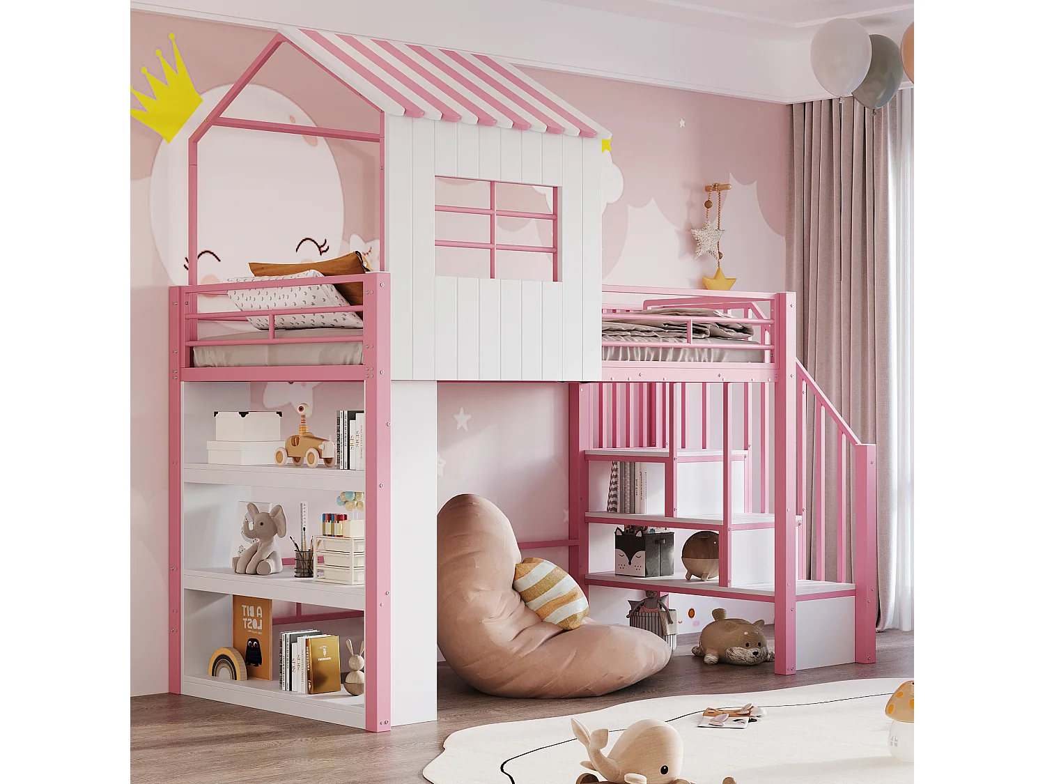 Lit mezzanine en métal pour enfant - 90 x 200 cm - style maison - avec étagère de rangement + escalier de rangement - MDF + métal - rose