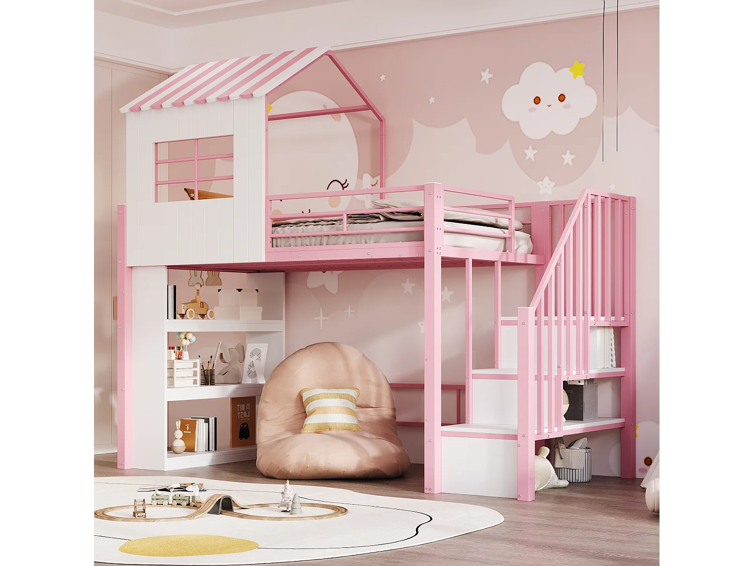 Lit mezzanine en métal pour enfant - 90 x 200 cm - style maison - avec étagère de rangement + escalier de rangement - MDF + métal - rose