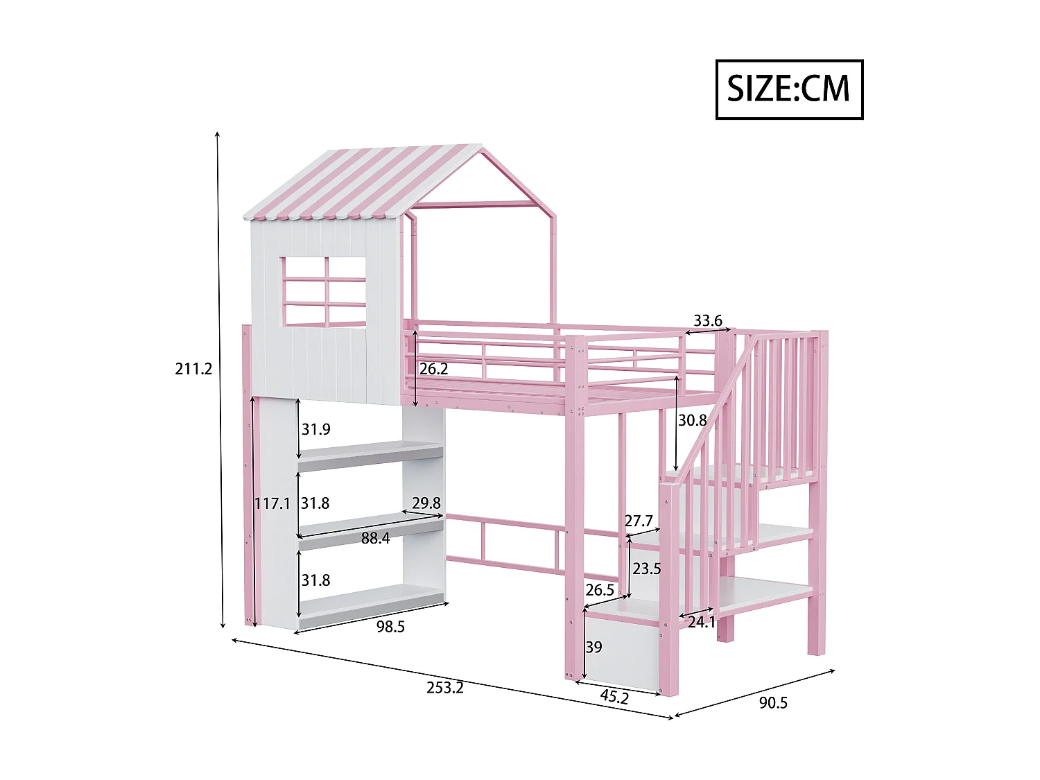 Lit mezzanine en métal pour enfant - 90 x 200 cm - style maison - avec étagère de rangement + escalier de rangement - MDF + métal - rose