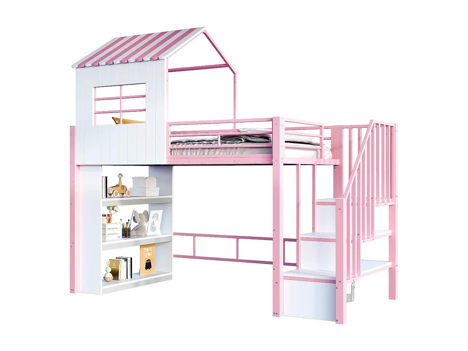 Lit mezzanine en métal pour enfant - 90 x 200 cm - style maison - avec étagère de rangement + escalier de rangement - MDF + métal - rose