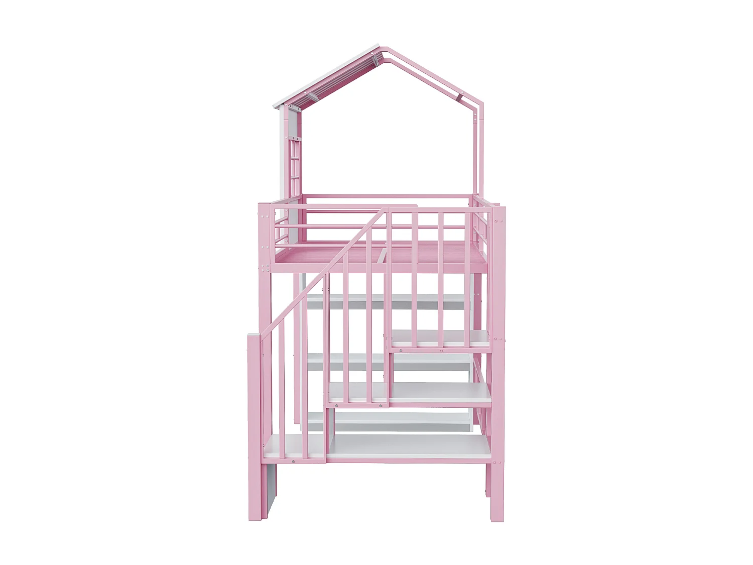 Lit mezzanine en métal pour enfant - 90 x 200 cm - style maison - avec étagère de rangement + escalier de rangement - MDF + métal - rose