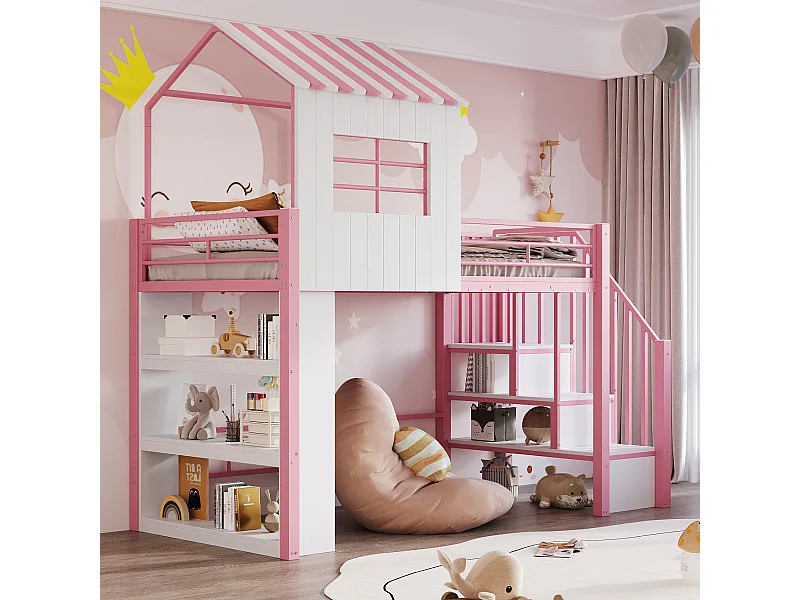 Lit mezzanine en métal pour enfant - 90 x 200 cm - style maison - avec étagère de rangement + escalier de rangement - MDF + métal - rose