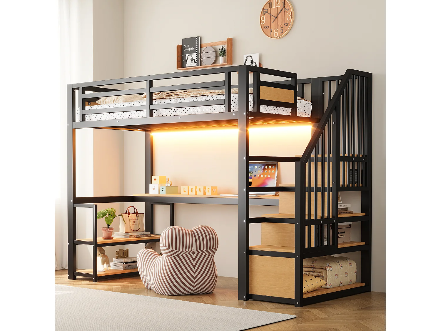 Lit mezzanine en métal pour enfant - 90 x 200 cm - avec Leds + prise + échelle de rangement + étagères + table - noir