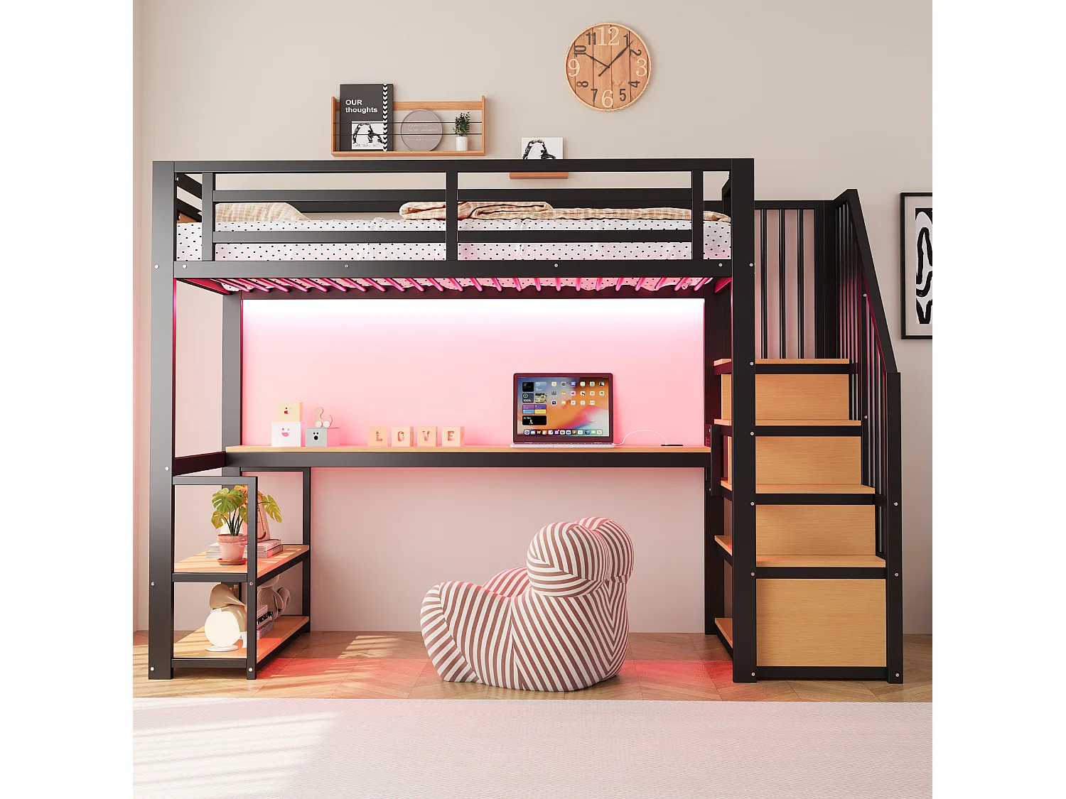 Lit mezzanine en métal pour enfant - 90 x 200 cm - avec Leds + prise + échelle de rangement + étagères + table - noir