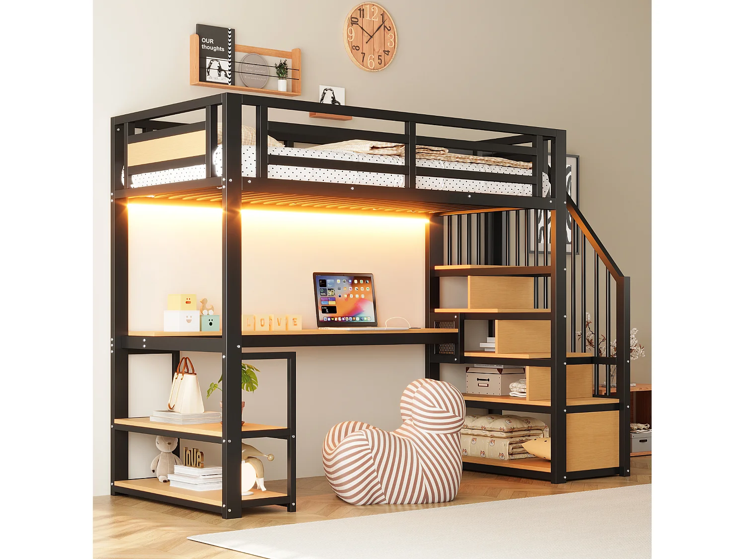 Lit mezzanine en métal pour enfant - 90 x 200 cm - avec Leds + prise + échelle de rangement + étagères + table - noir