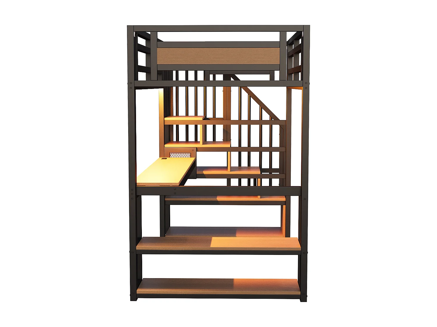 Lit mezzanine en métal pour enfant - 90 x 200 cm - avec Leds + prise + échelle de rangement + étagères + table - noir